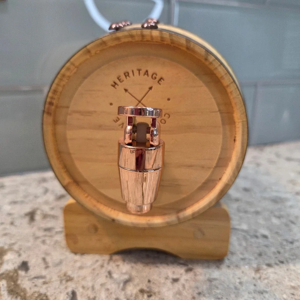Heritage Collective Wood Whiskey Barrel Dispenser Copper Accents  UNUSED